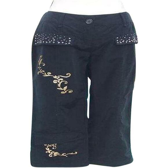 Cache Black Zen Rhinestone Pockets Gold Metallic Design Crop Pant New $138 NWT
